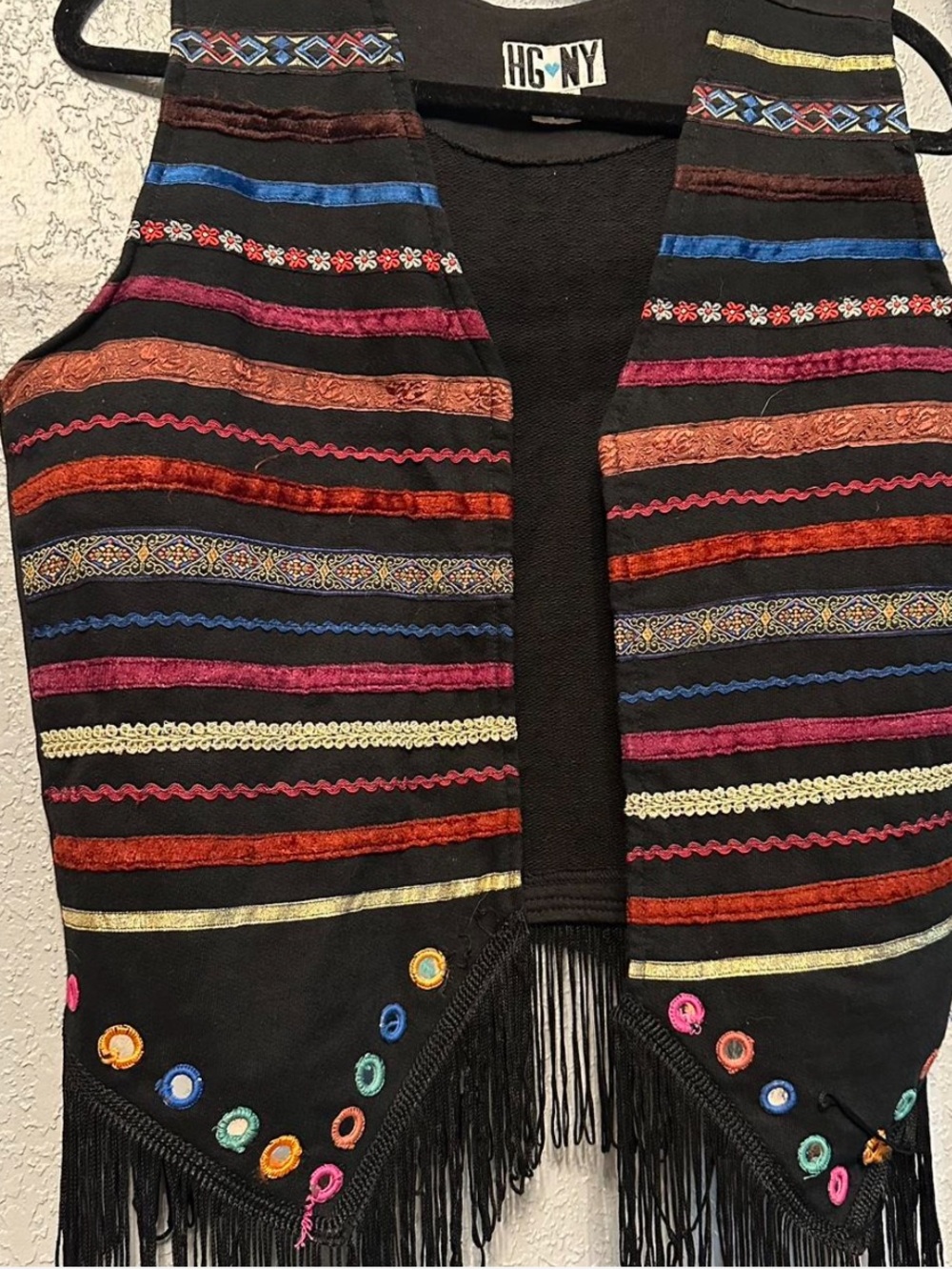 HG•NY Embroidered Multicolor Striped Fringe Vest